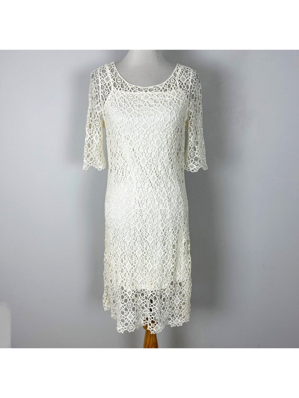 Ralph Lauren Ivory Full Crochet Sheath Dress Midi Boho Size Medium Women's